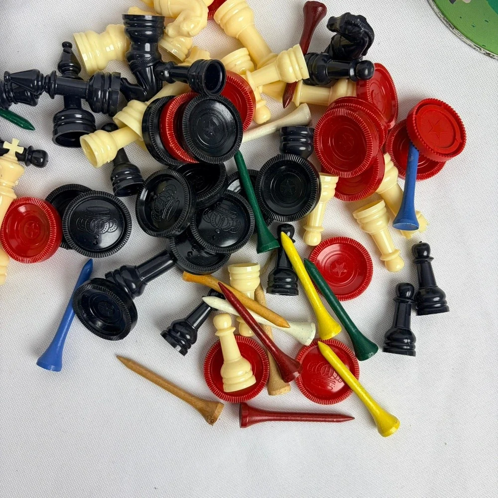 Vintage Mixed Game Pieces Lot Chess Checkers Golf Tees with Farm Scene Tin